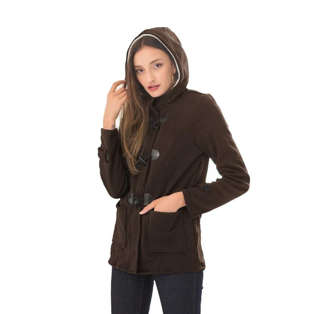 Pea Coat Jacket Brown Hood Toggles& Zipper Pockets